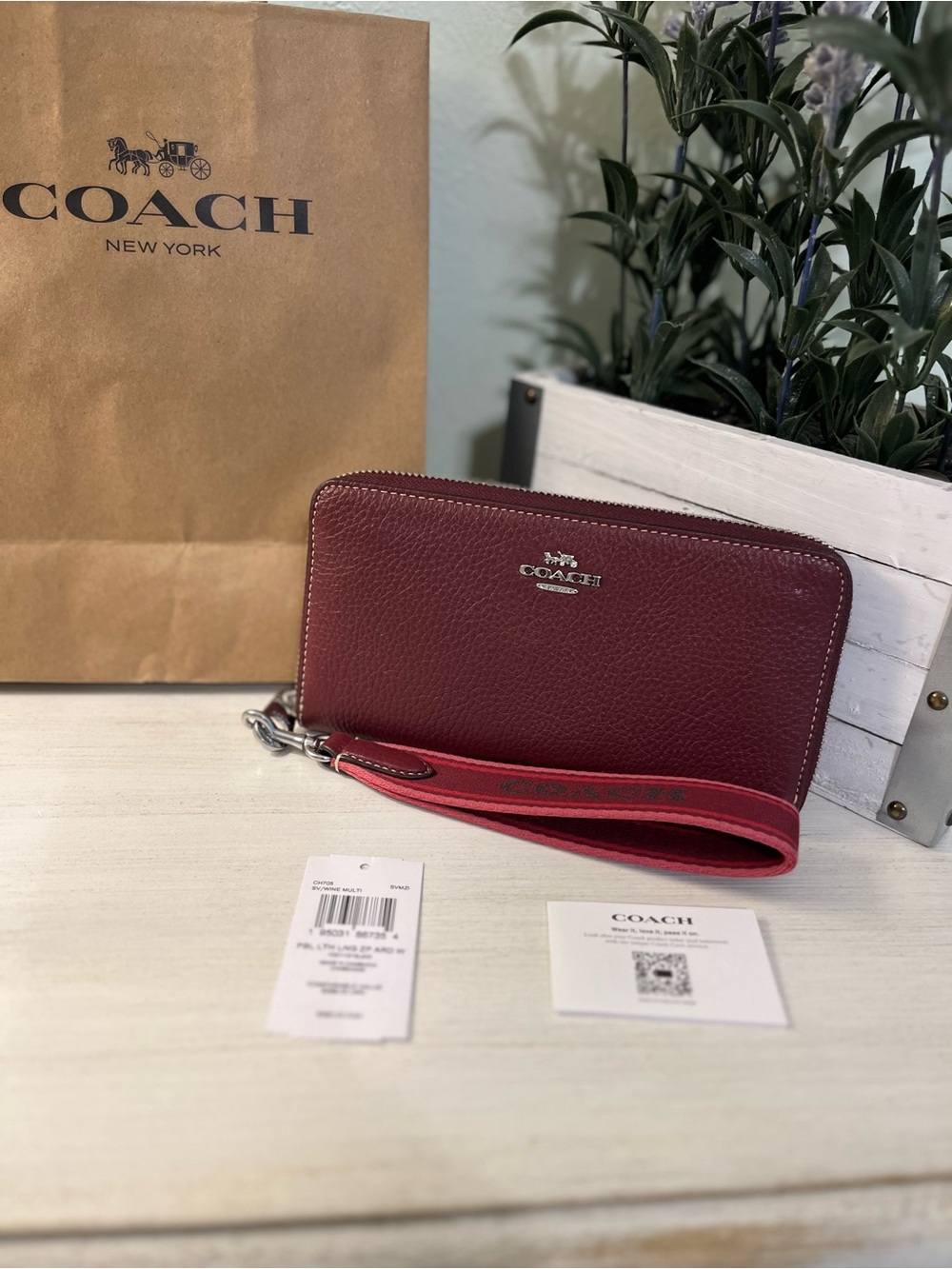 Coach Leather Long Zip Around wallet w/ Wrist Strap in Wine Multi NWT